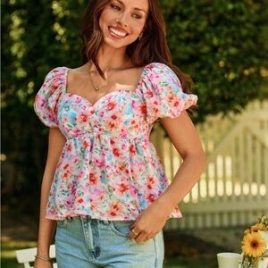 SHEIN Multicolor Floral Puff Sleeve Blouse